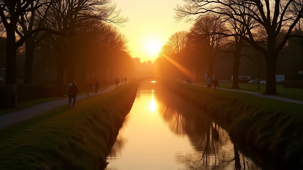 Serene canal path at dawn, soft golden light, peaceful setting, empty walking trail with water beside