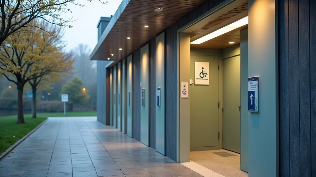 Clean modern public restroom entrance with accessibility signage, near canal pathway