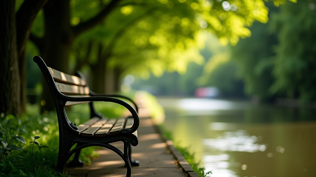 Waterside bench under trees with peaceful view, perfect spot for rest and reflection