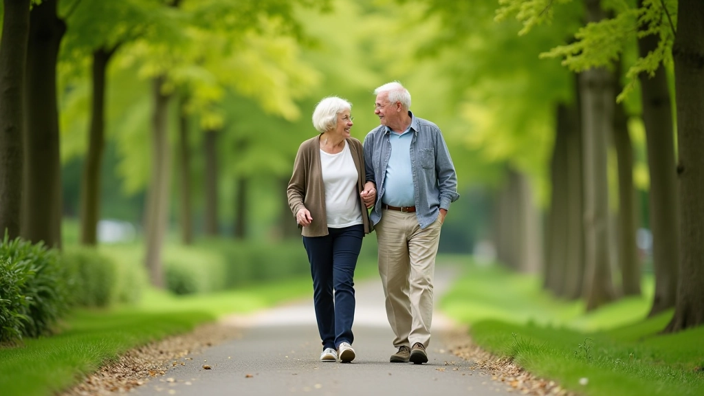 Older couple walking together on a tree-lined path holding hands, outdoor morning light