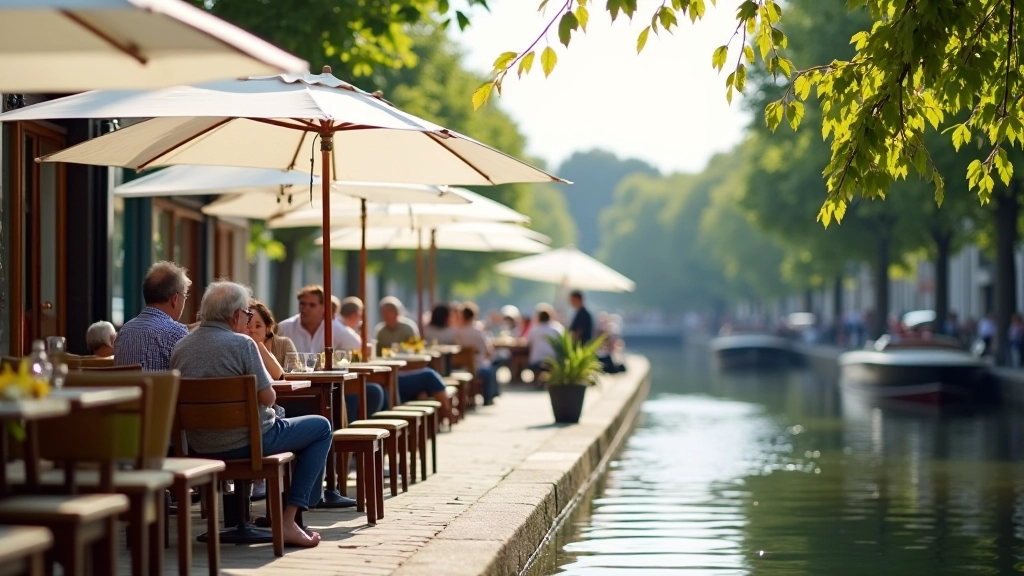 Outdoor café seating area near canal, tables with umbrellas, casual dining setup