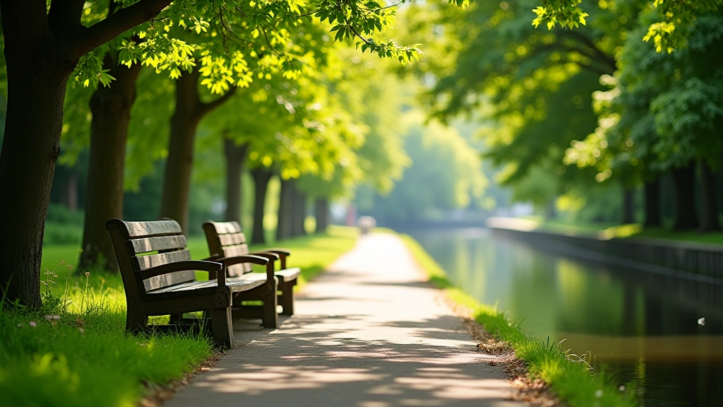 Canal path with multiple benches in sunny afternoon, lush green trees providing shade