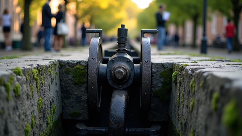 Modern restoration of historic canal lock gates showing detailed stonework and copper fittings