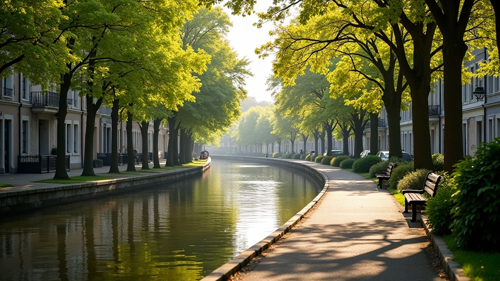 Towpath alongside calm canal water, Victorian buildings in background, morning light, peaceful Dublin scene