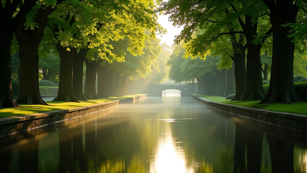Scenic view of the Grand Canal with tree-lined towpath, morning sunlight reflecting off water, peaceful waterside setting
