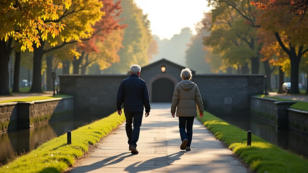 Peaceful morning walk along the Grand Canal towpath with mature walkers enjoying the scenic route